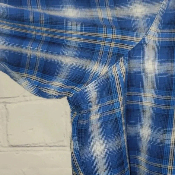 Wrangler Wrancher Pearl Snap Large Blue Plaid Shirt Western Cowboy Cotton Blend - Picture 8 of 11